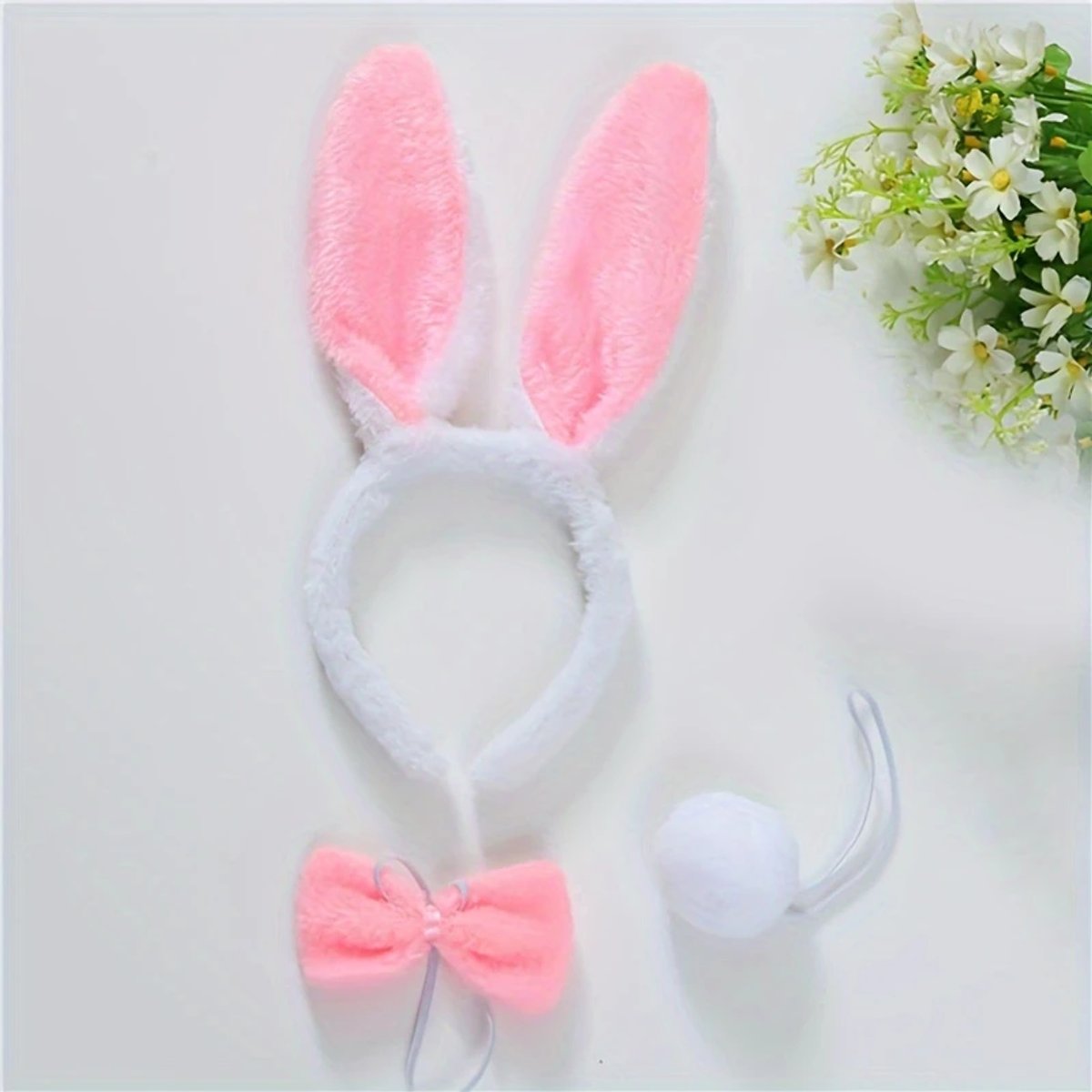 Vincha de conejo + moño + pompon