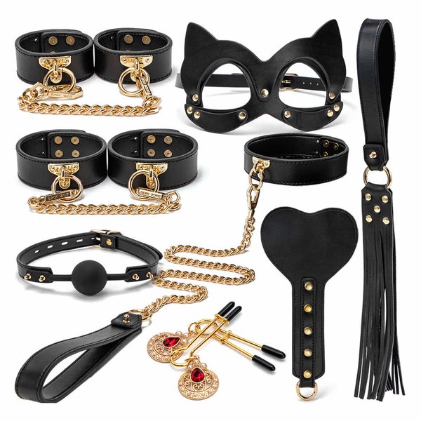 KIT SADO BONDAGE DE LUJO – NEGRO CON DORADO 8 PIECES