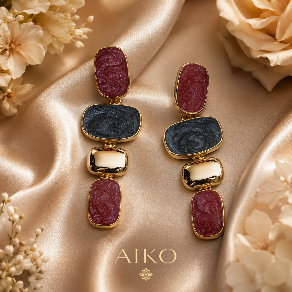 Aretes geométricos dorados con detalles rojo y negro - 4