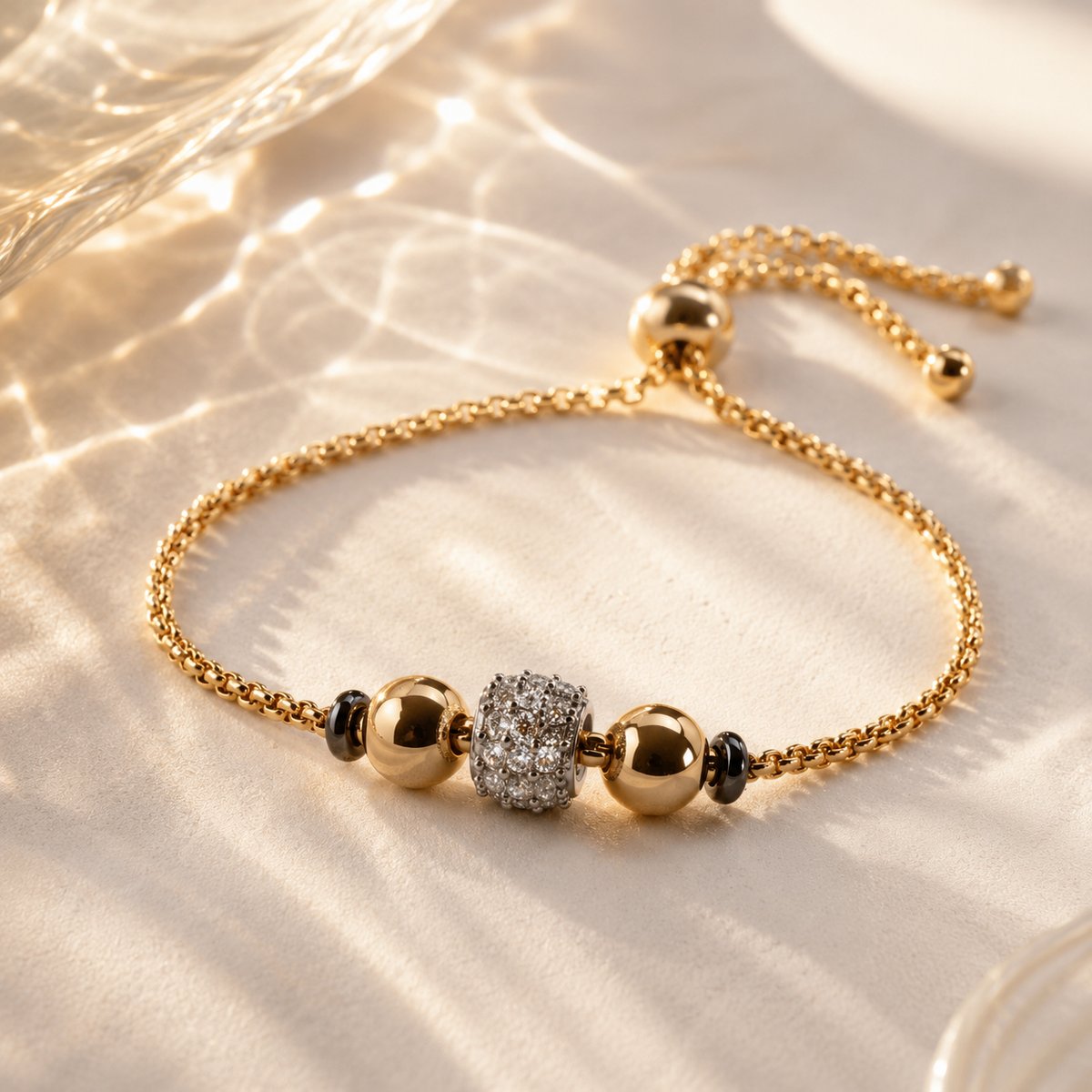 Pulsera dorada con cuentas doradas y cristal - 3
