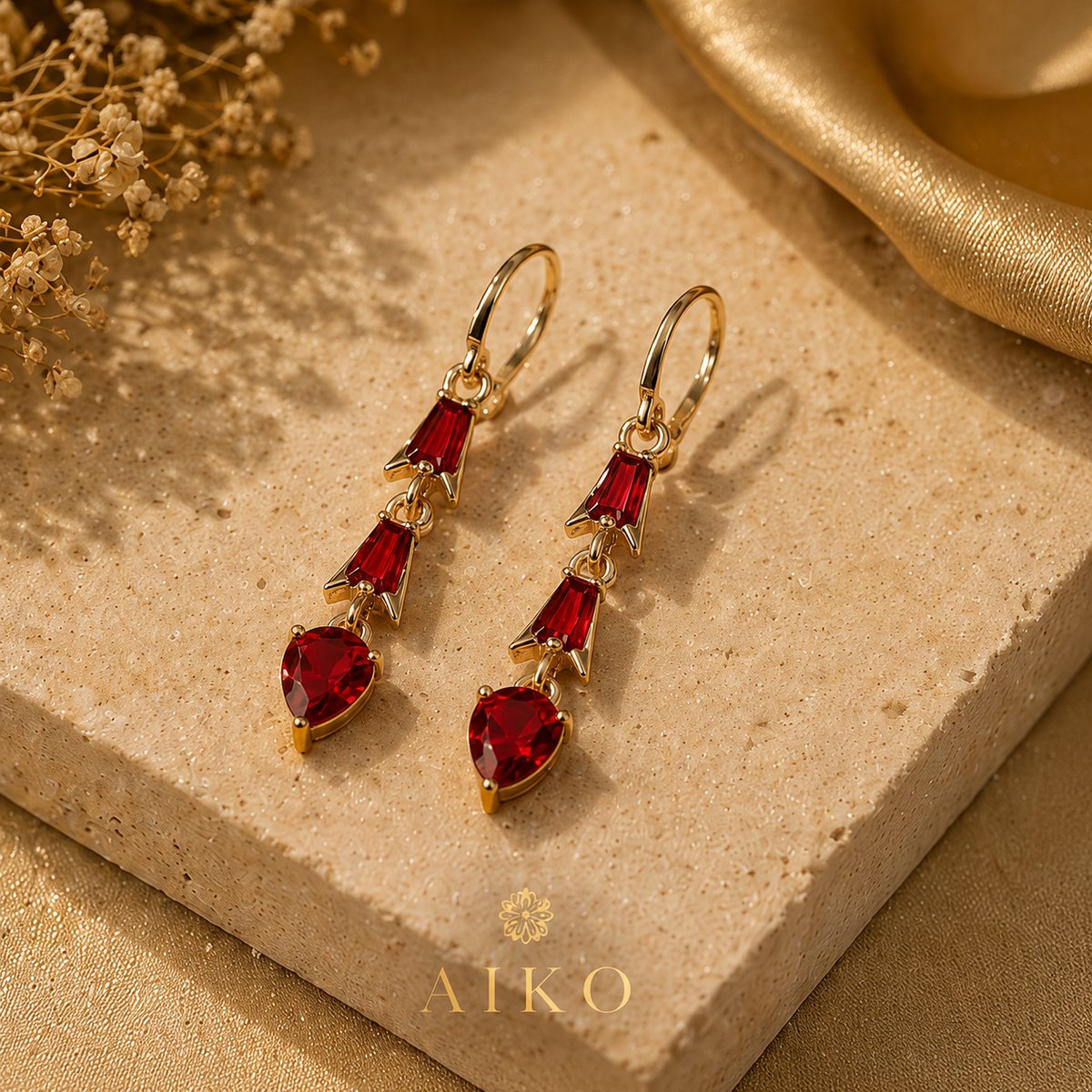 Aretes colgantes rojos estilo gota - 3