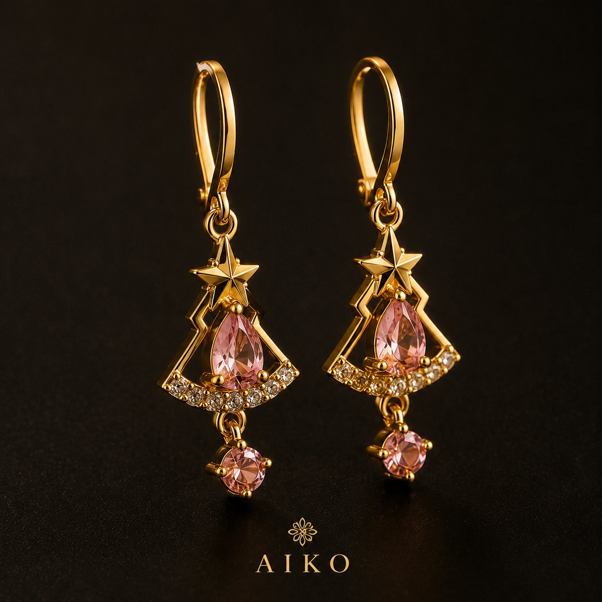 Aretes dorados con cristales rosados - 3