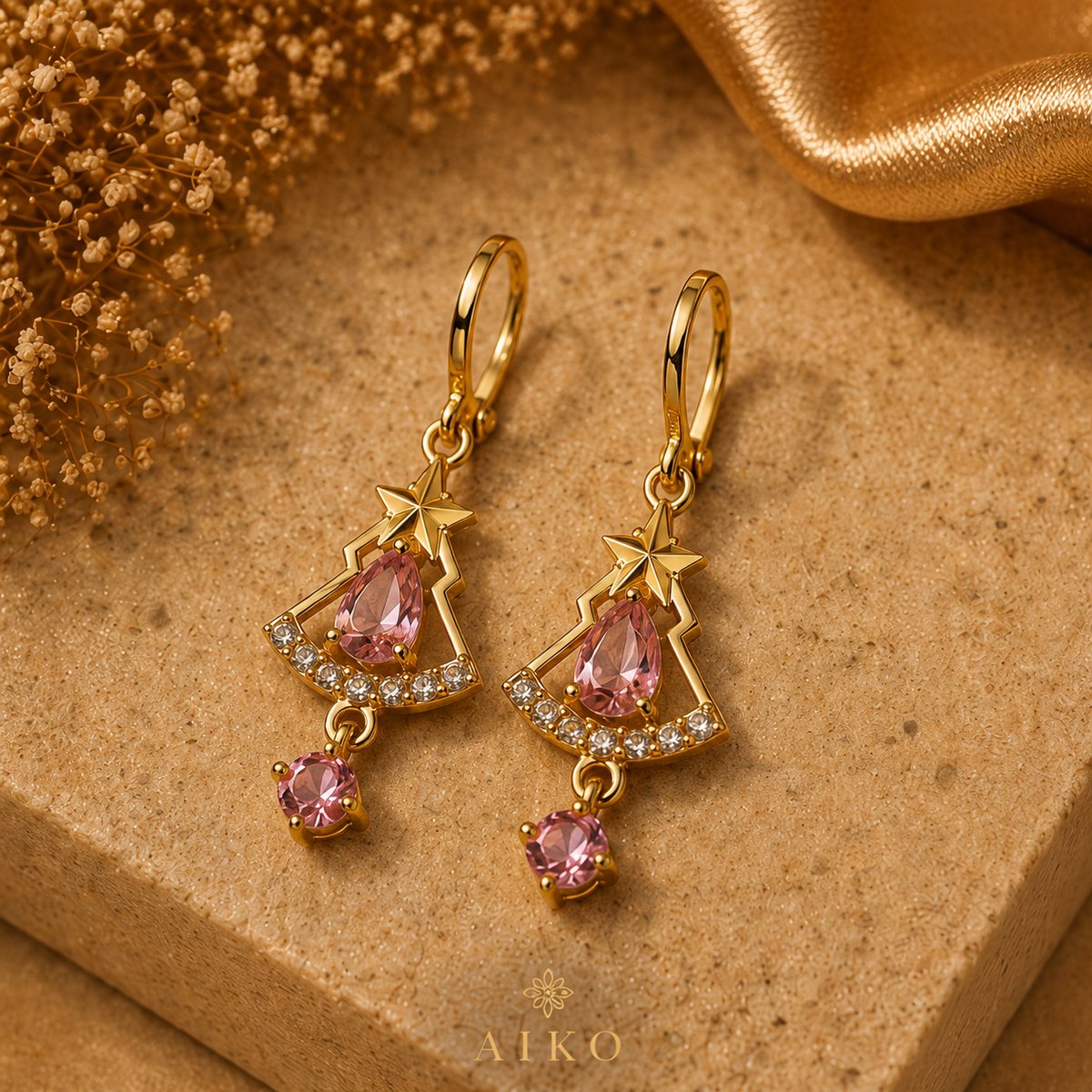 Aretes dorados con cristales rosados - 4