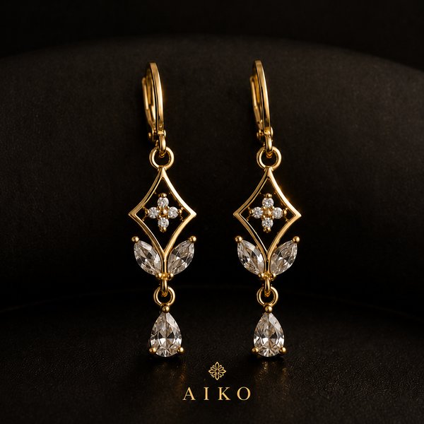 Aretes dorados con cristales y forma de angel