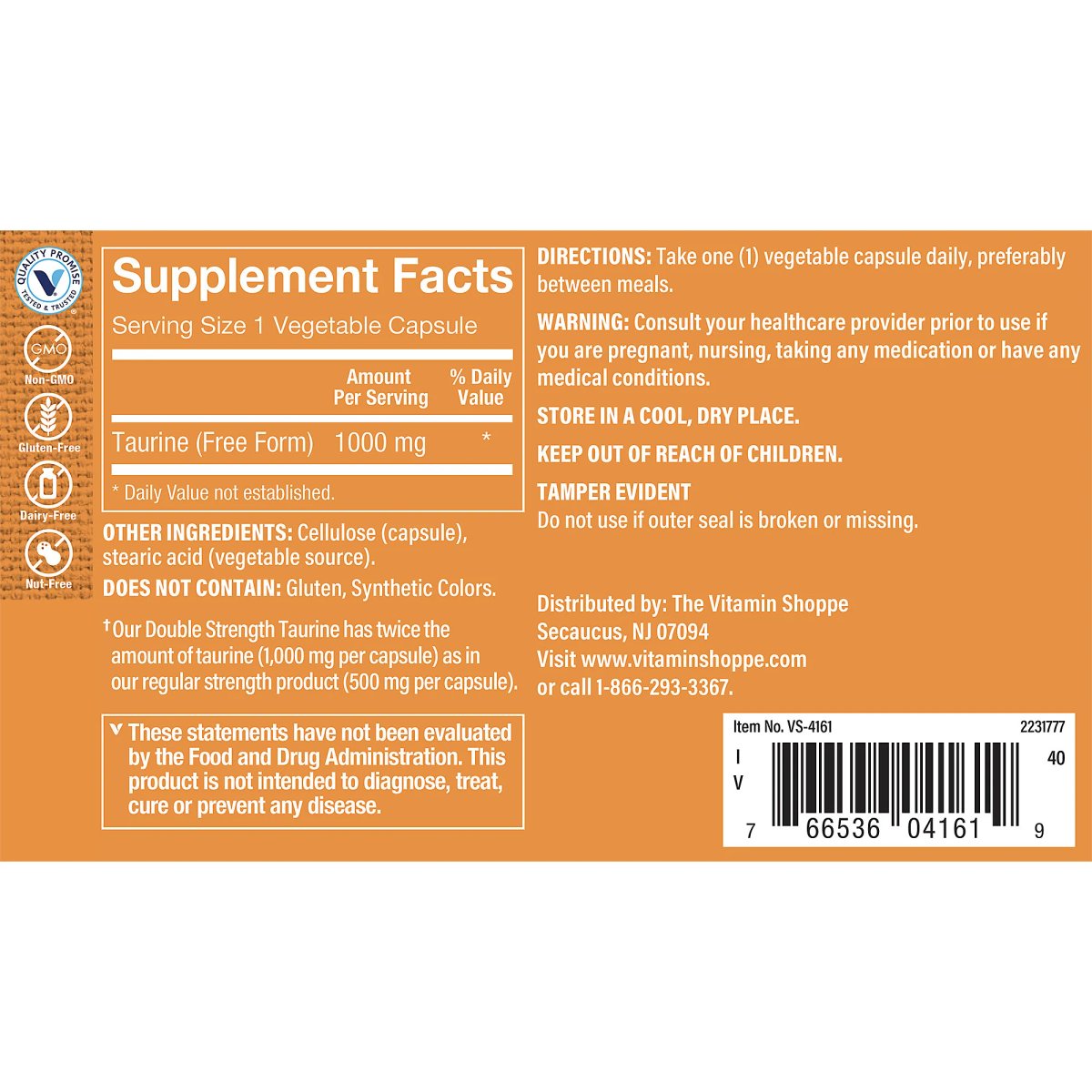 Taurina de Doble Potencia 1000mg (100 Cápsulas) the Vitamin Shoppe