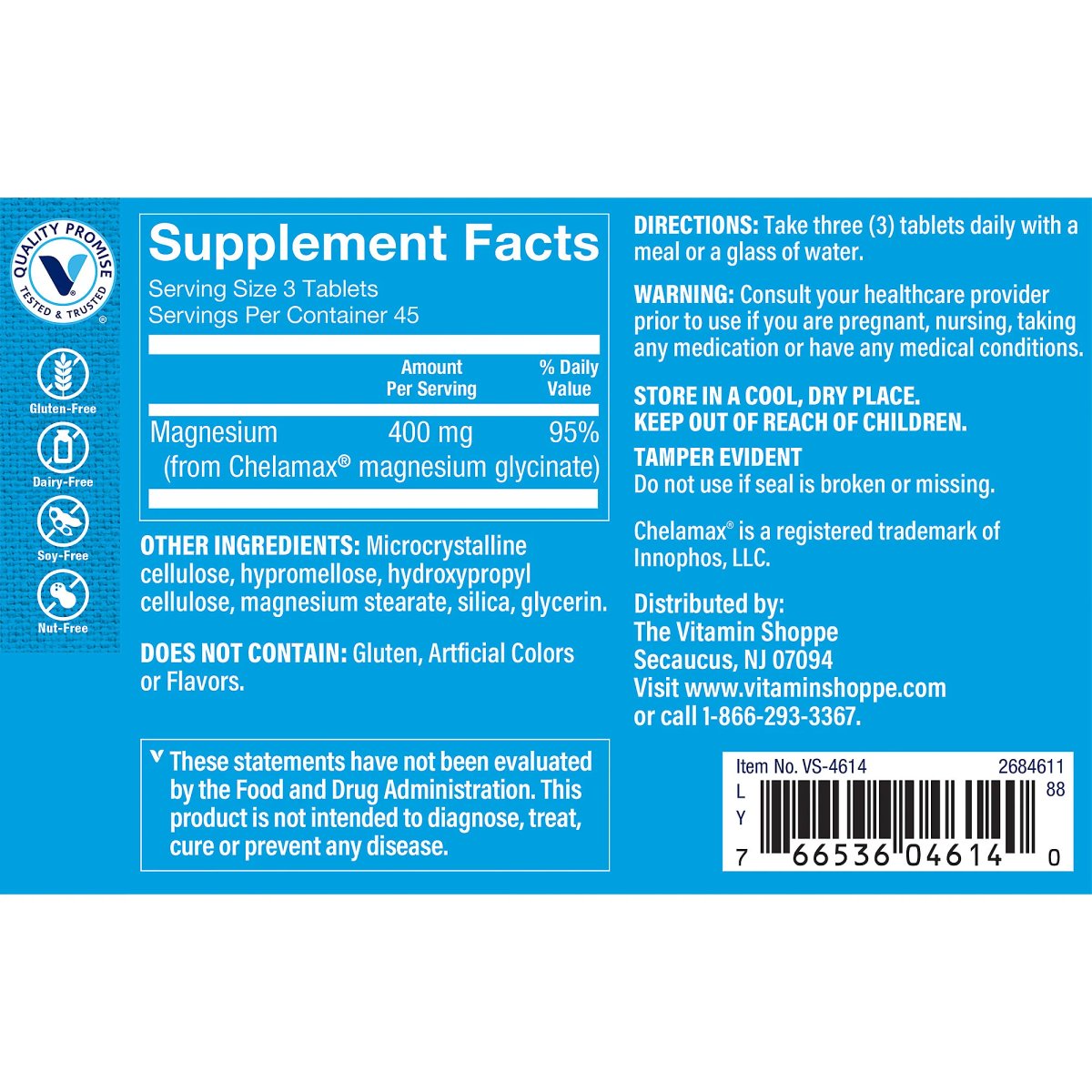 Glicinato de Magnesio (135 Tabletas)Vitamin Shoppe