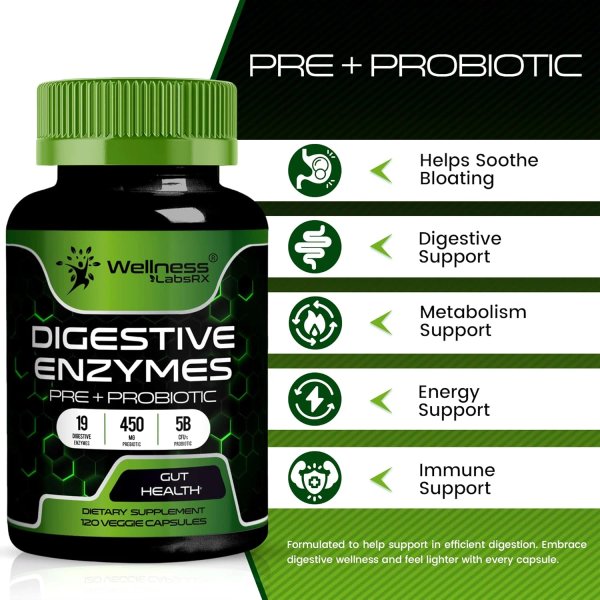 Enzimas Digestivas con Probióticos y Prebióticos Wellness Labs Rx | 5 Billones UFC | 120 Cápsulas Vegetarianas