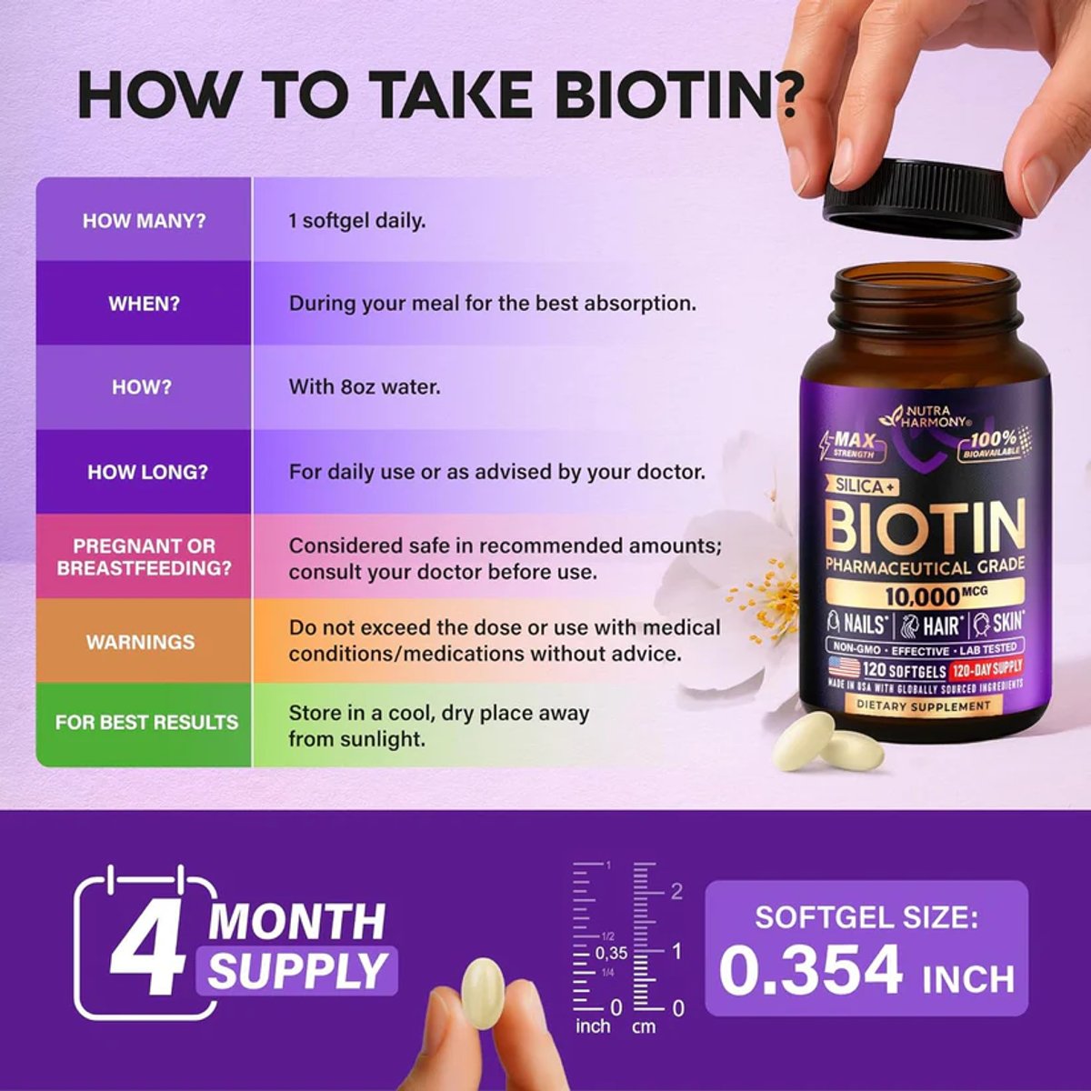 BIOTIN 10.000 MCG + SILICIO X 120 SOFTGELS - NUTRA HARMONY - 3