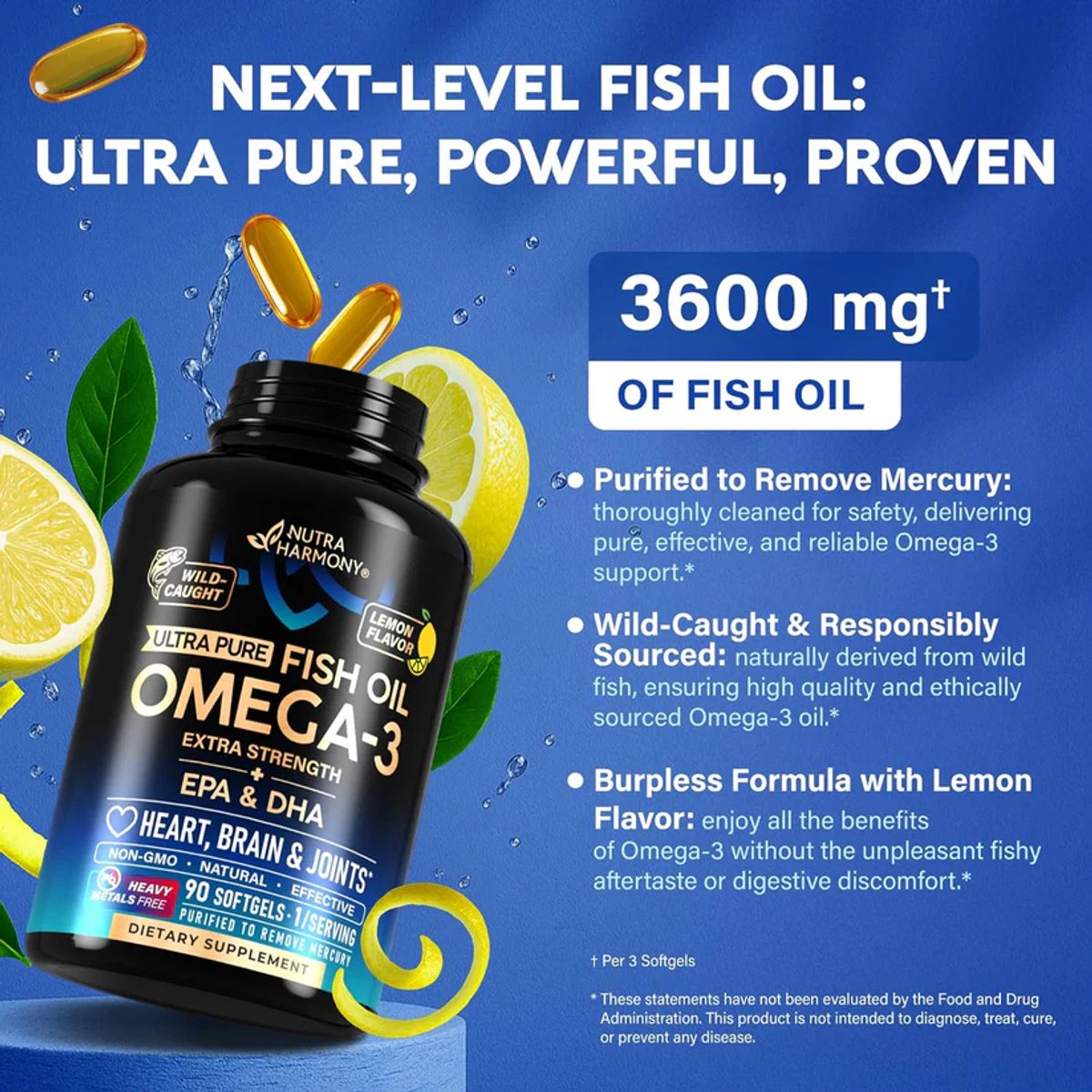 OMEGA 3 WILD CAUGHT - 3600MG - LEMON FLAVOR X 90 SOFTGELS - NUTRA HARMONY - 3