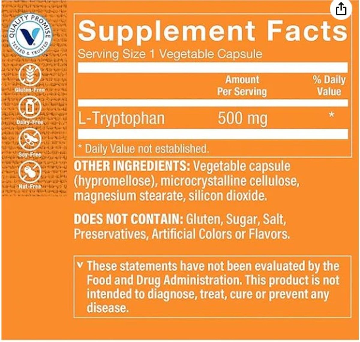 L-Tryptophan 500 mg (60 Cápsulas) Vitamin Shoppe
