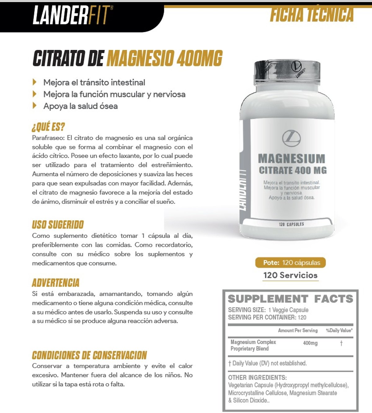 CITRATO DE MAGNESIO LANDERFIT 400MG X 120 CAPS