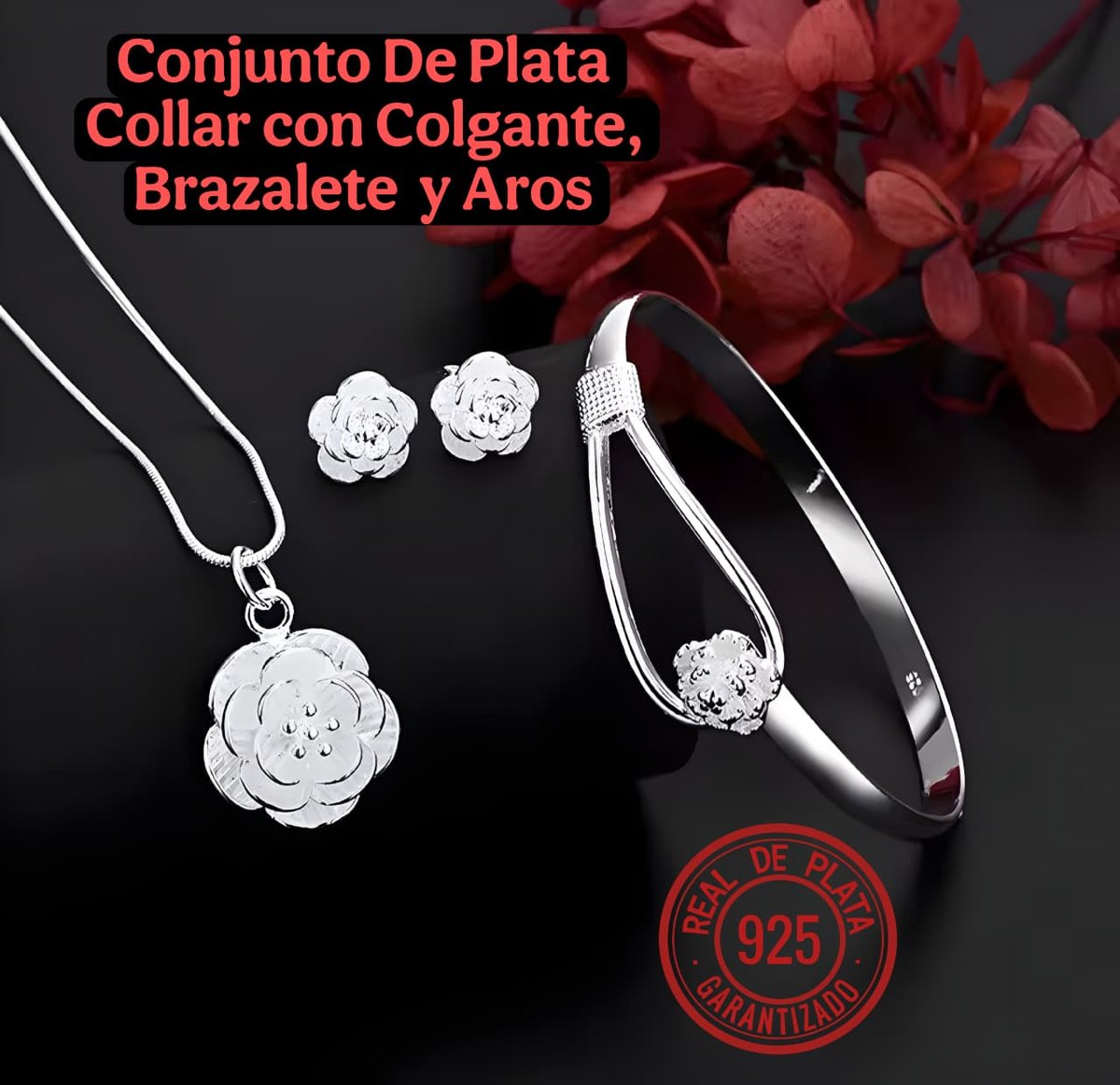 Conjunto de Plata 925 – Collar con Colgante, Brazalete y Aros en Diseño Flor