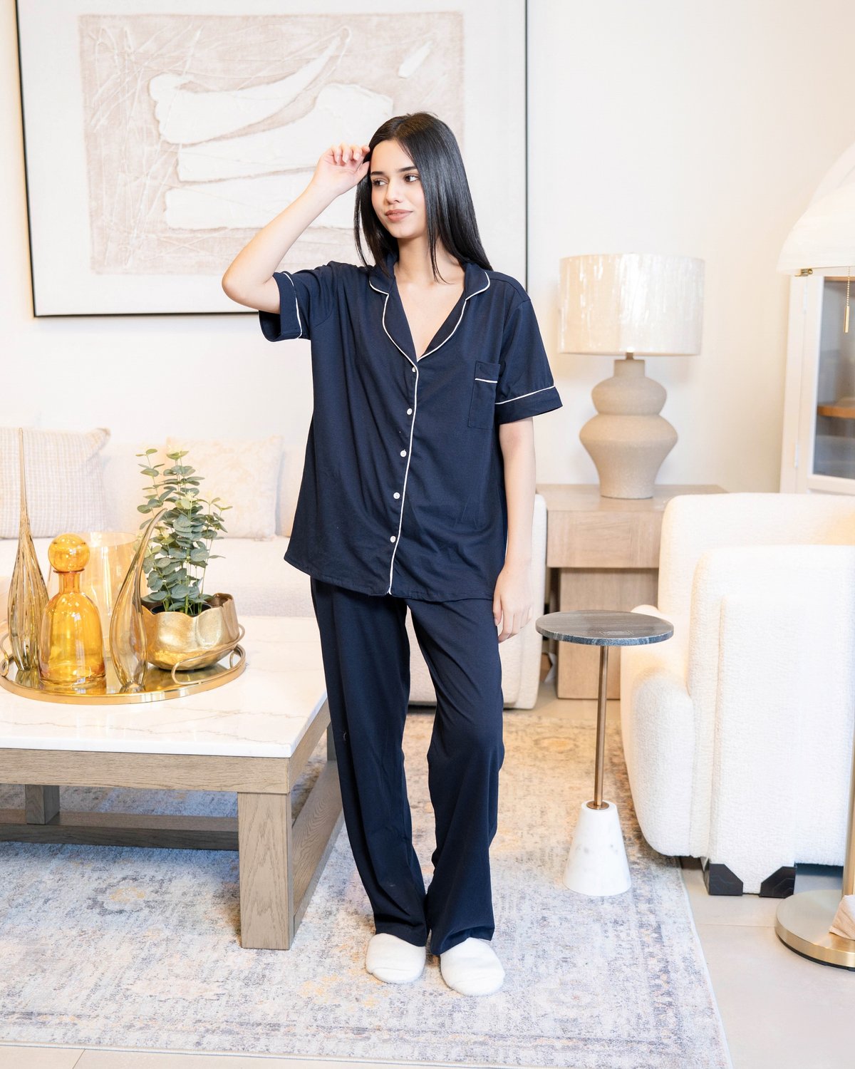 Pijama de algodón navy - Mangas cortas con pantalón - 3