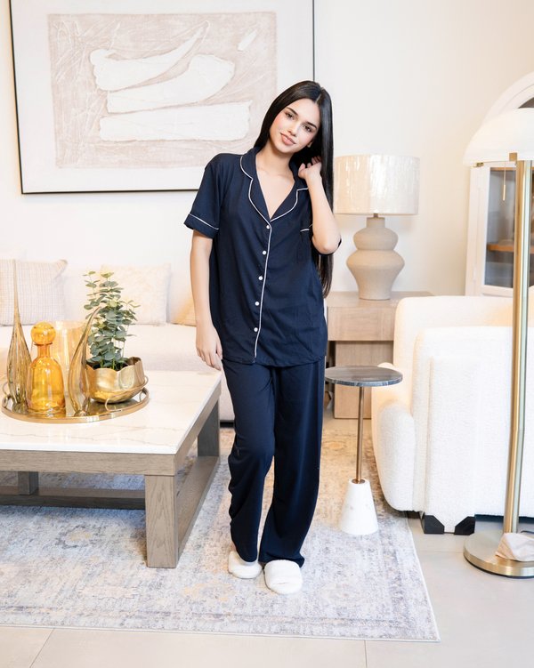 Pijama de algodón navy - Mangas cortas con pantalón