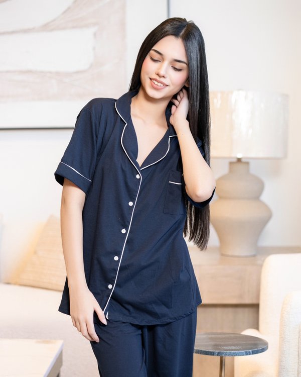 Pijama de algodón navy - Mangas cortas con pantalón