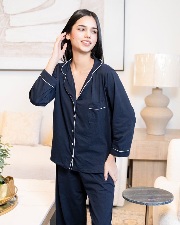 Pijama de algodón navy - Mangas largas con pantalón