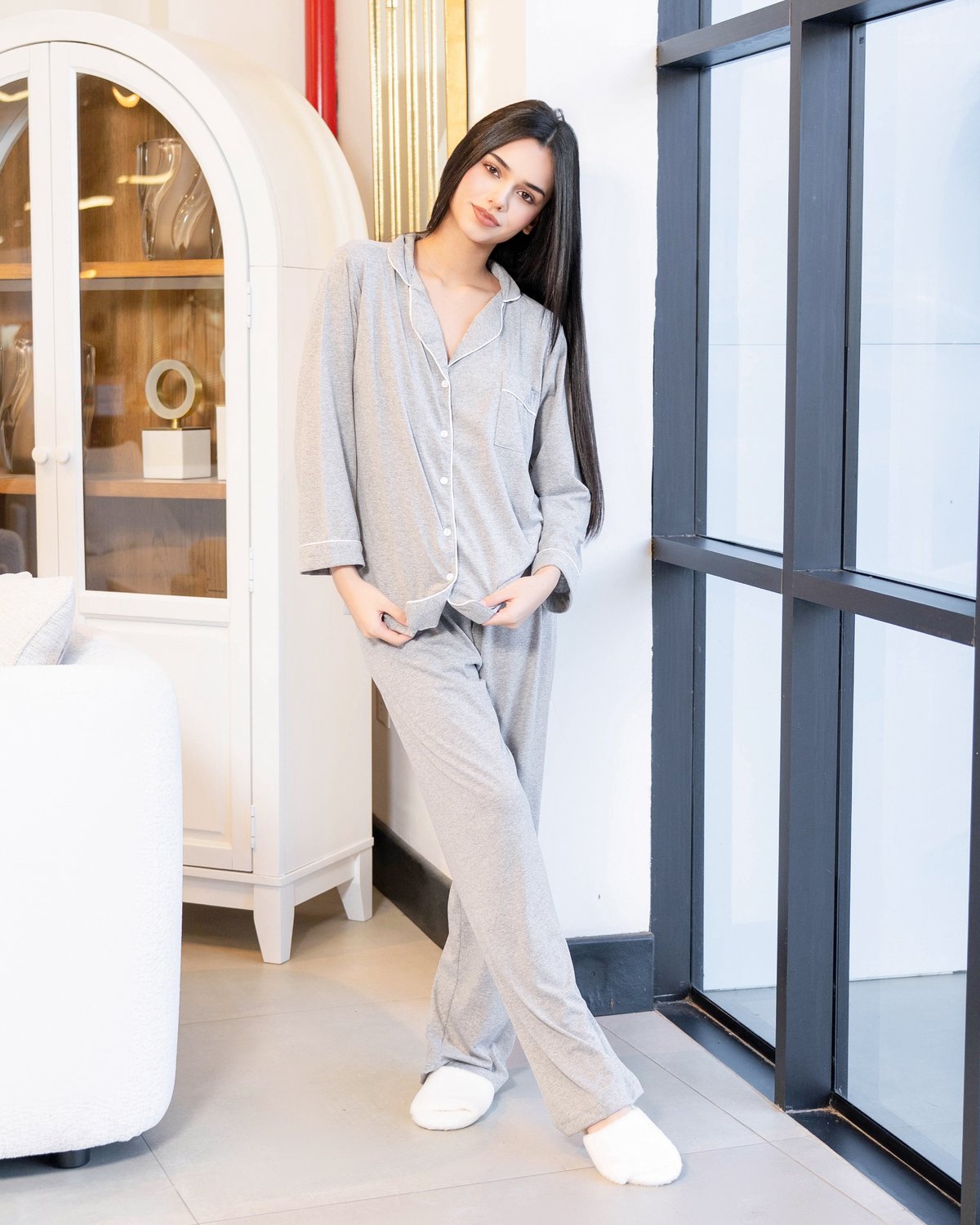 Pijama de algodón gris melange - Mangas largas con pantalón - 3