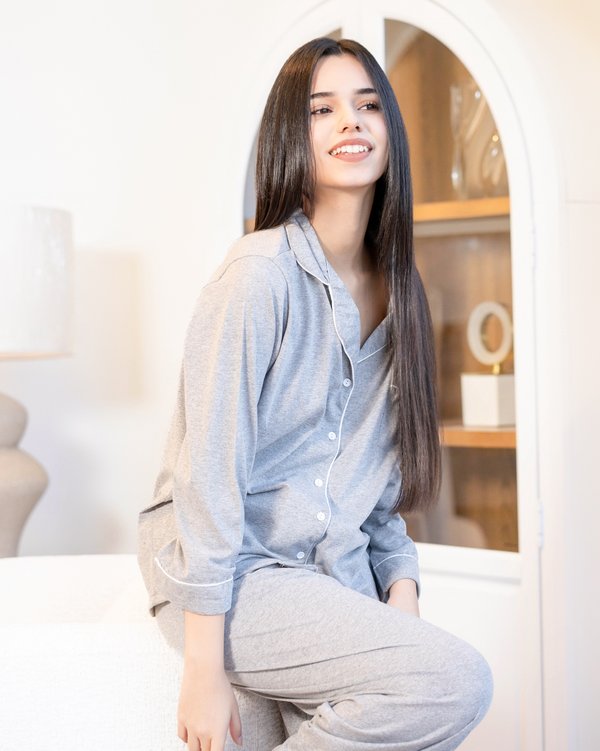 Pijama de algodón gris melange - Mangas largas con pantalón