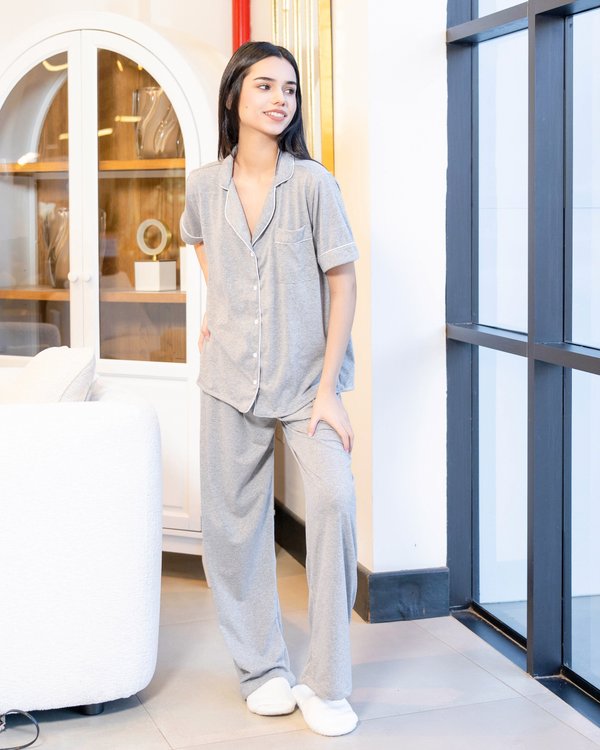 Pijama de algodón gris melange - Mangas cortas con pantalón