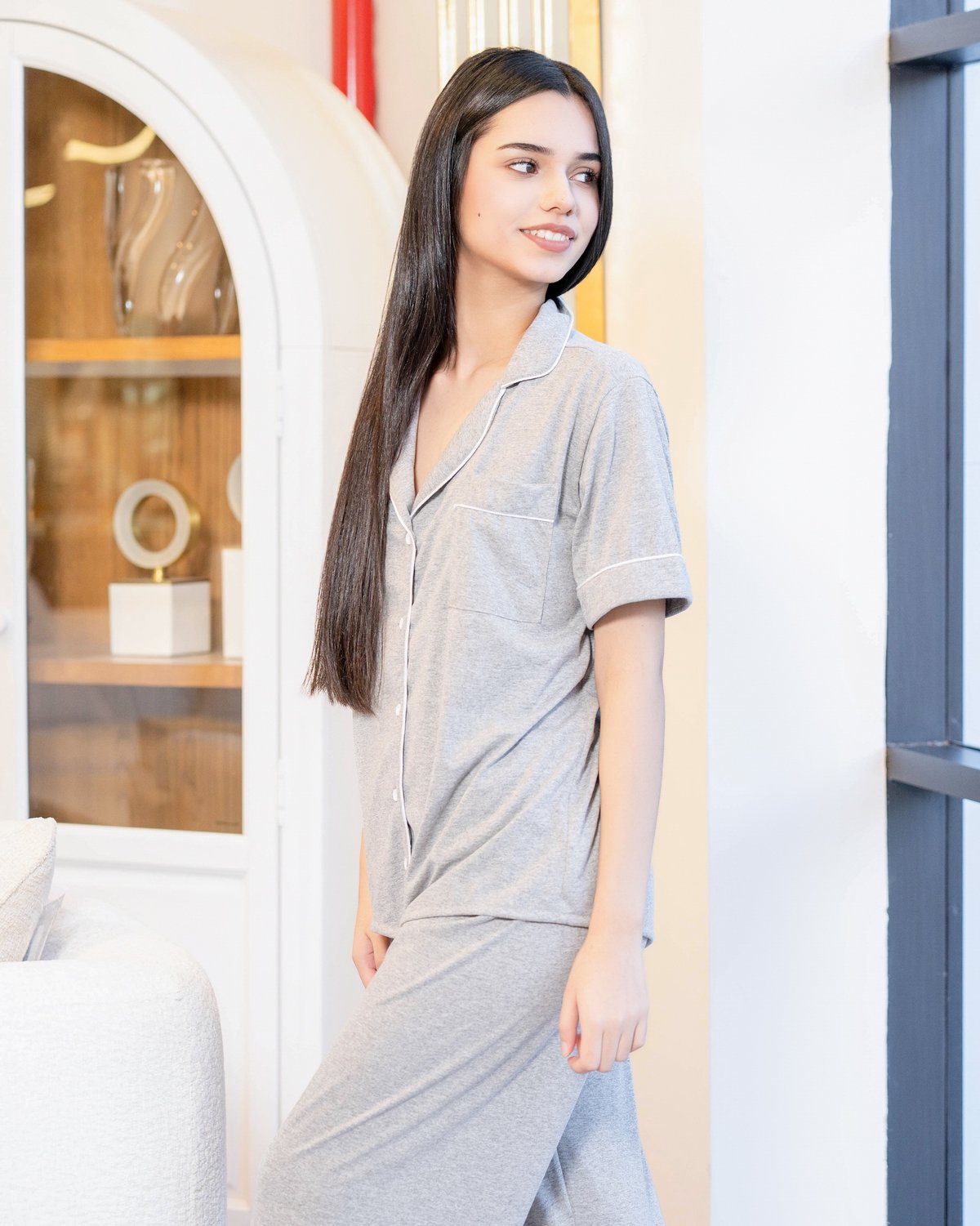 Pijama de algodón gris melange - Mangas cortas con pantalón - 3