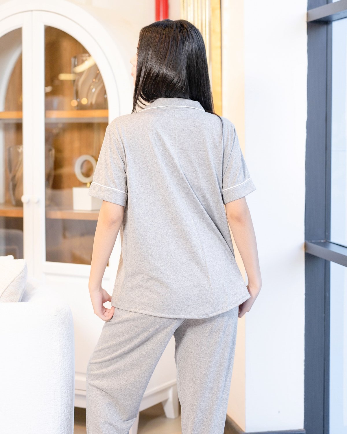 Pijama de algodón gris melange - Mangas cortas con pantalón - 4