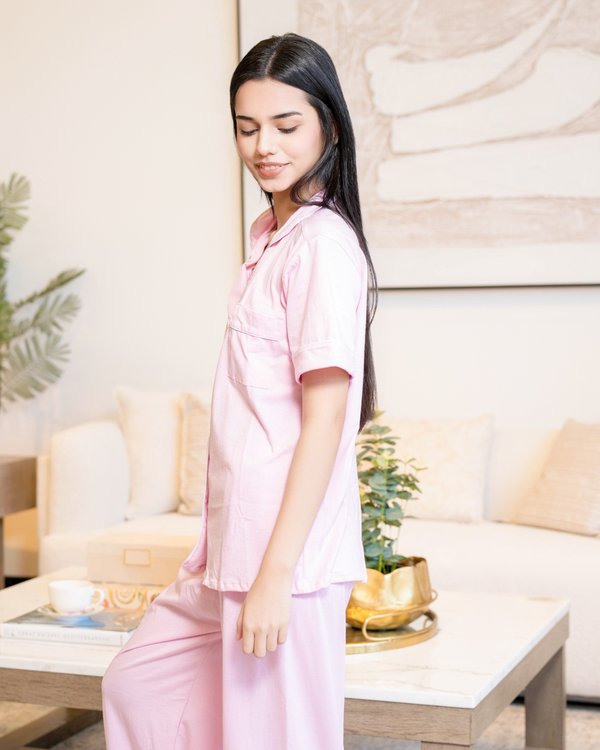 Pijama de algodón rosa - Mangas cortas con pantalón
