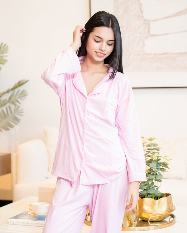 Pijama de algodón rosa - Mangas largas con pantalón