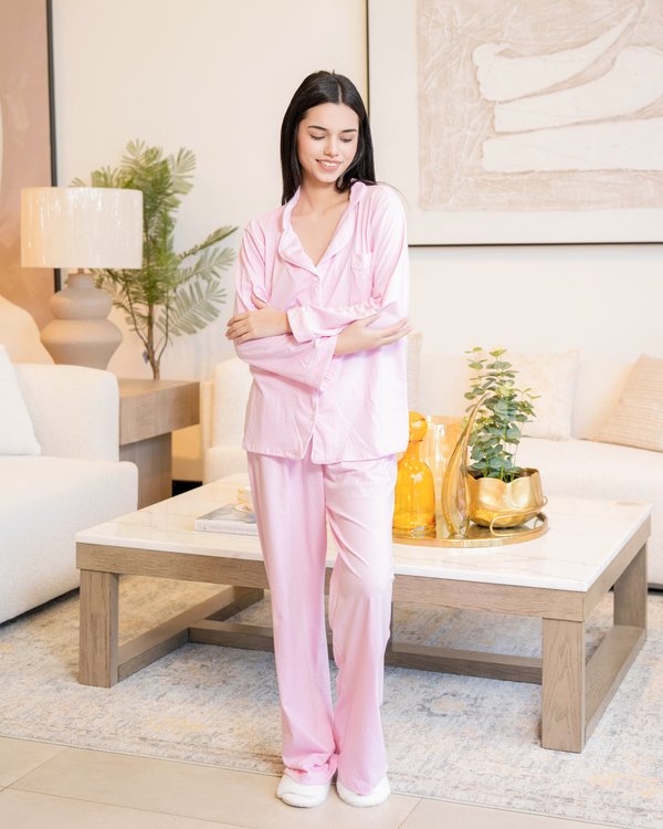 Pijama de algodón rosa - Mangas largas con pantalón