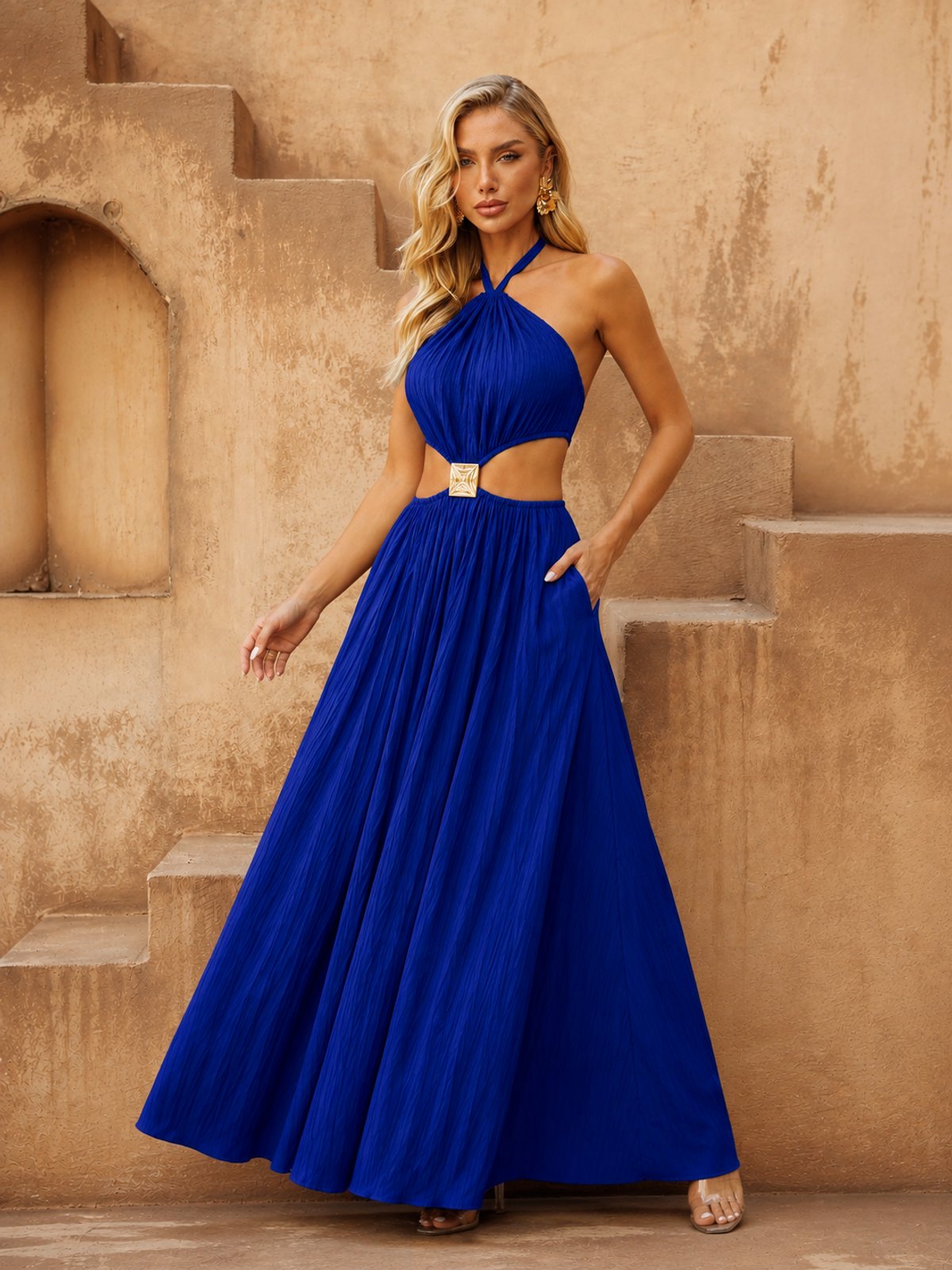 Vestido Plisado con Detalle de Broche - 5