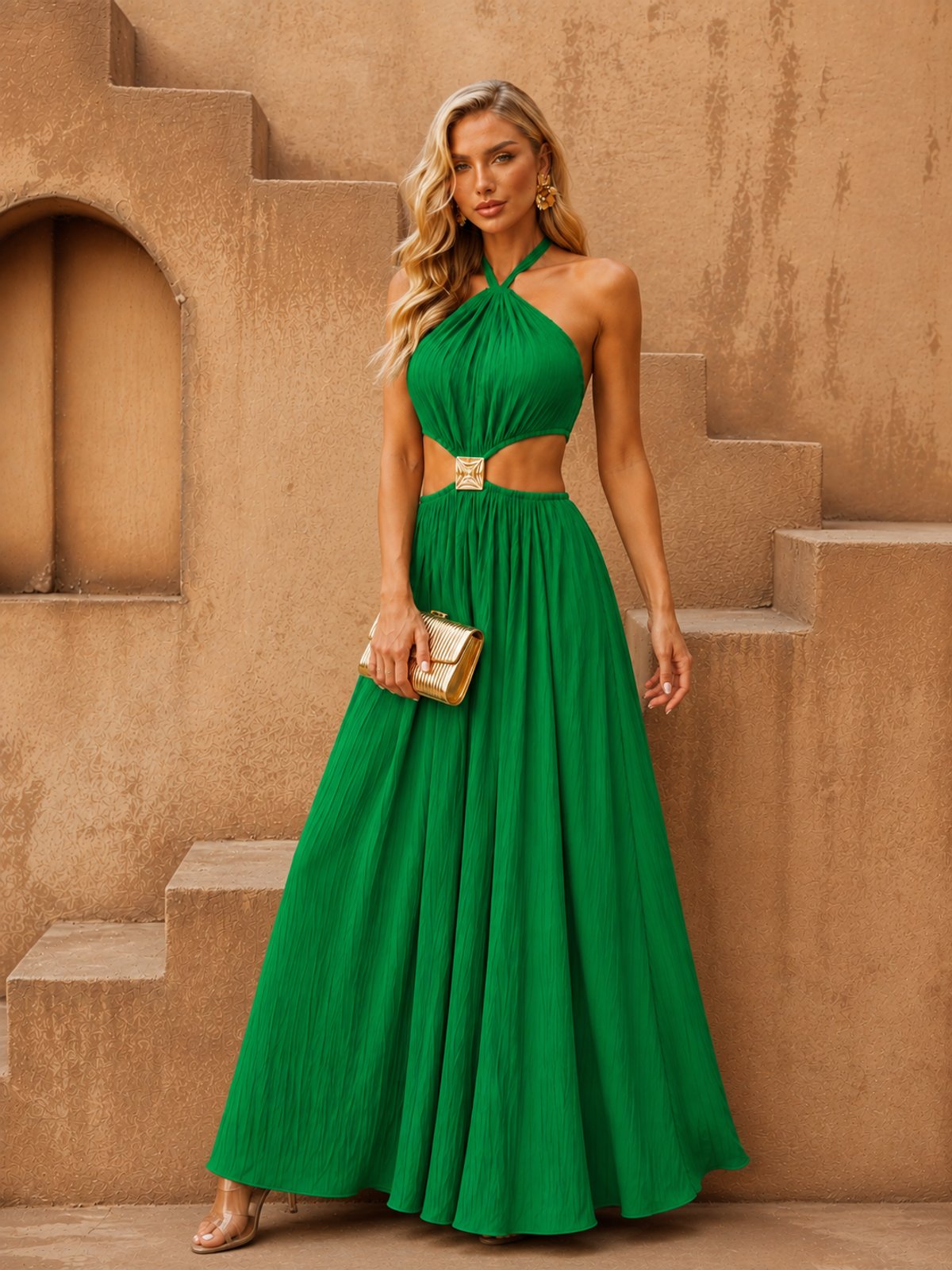Vestido Plisado con Detalle de Broche - 3