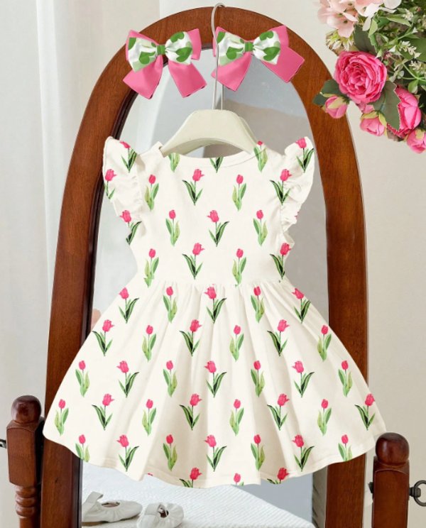Vestido manga corta con estampado Tulipanes