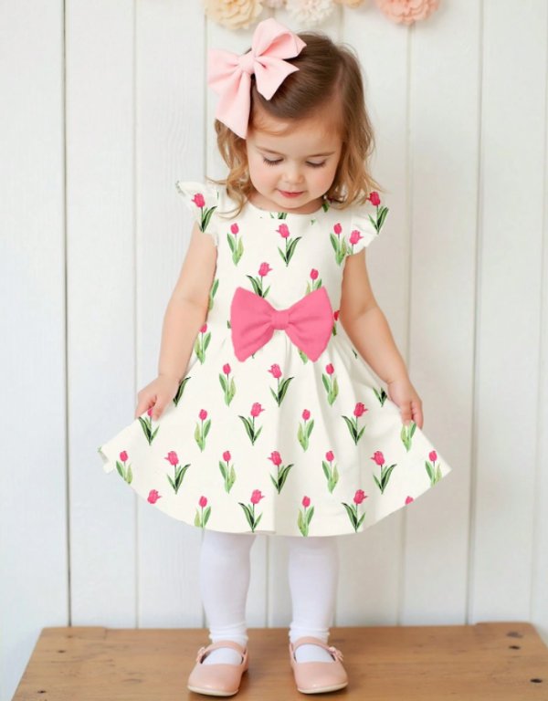 Vestido manga corta con estampado Tulipanes