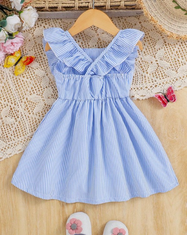Vestidito celeste a rayas con voladitos