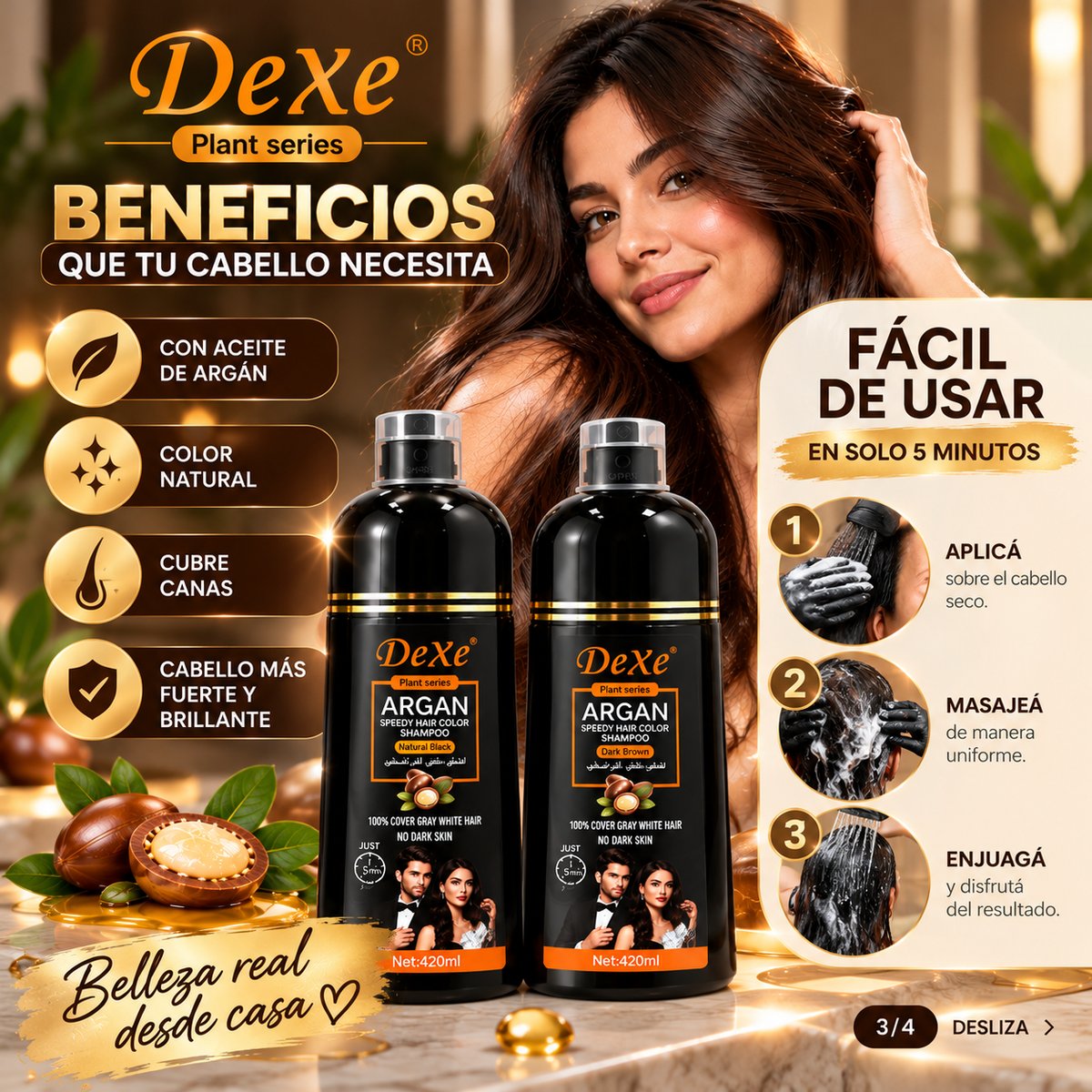 Shampoo Color DeXe 420 ml para Canas | Negro y Castaño - 3