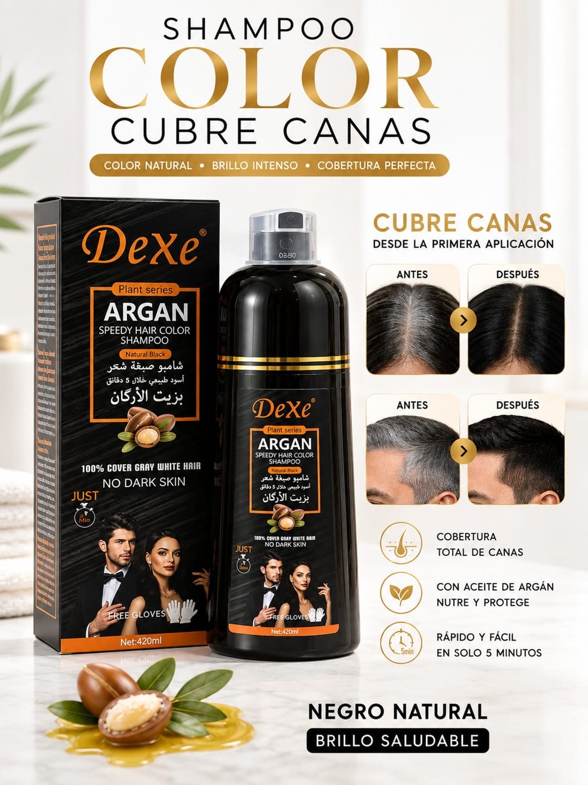 Shampoo Color DeXe 420 ml para Canas | Negro y Castaño - 6