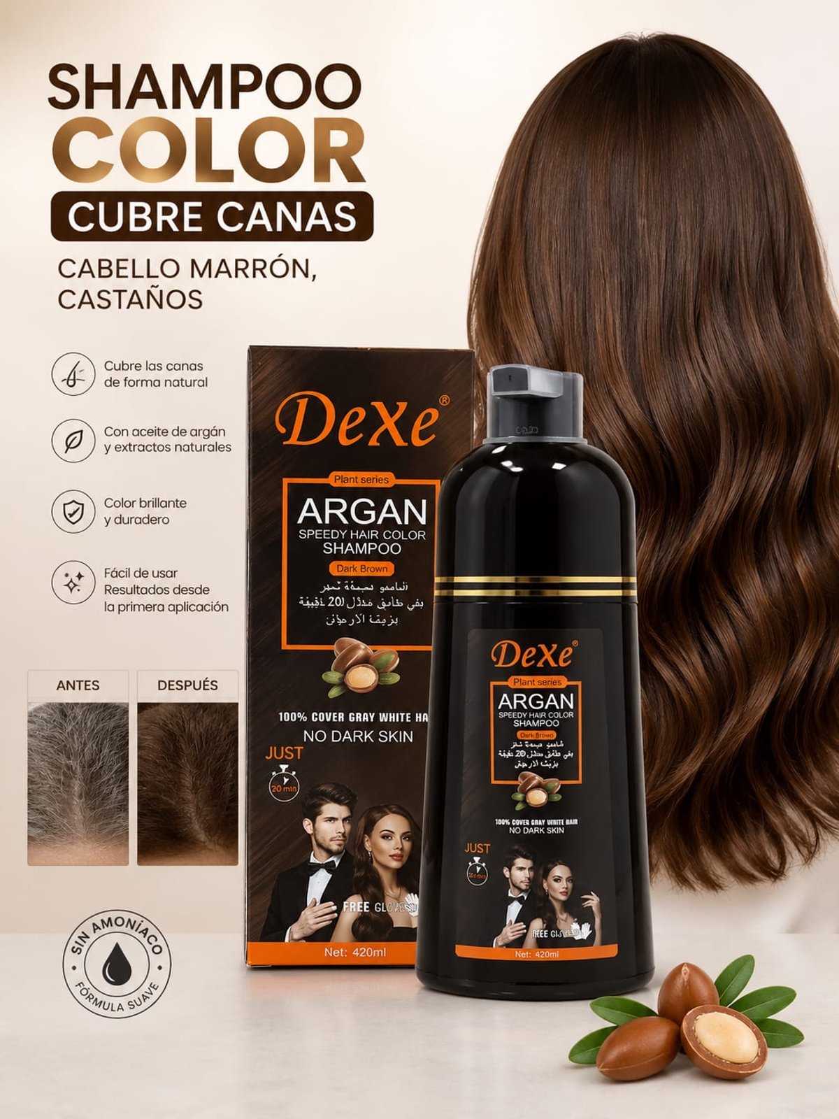 Shampoo Color DeXe 420 ml para Canas | Negro y Castaño - 5