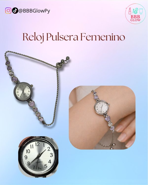 Reloj Pulsera Diseño Corazon Lila Color Plateado