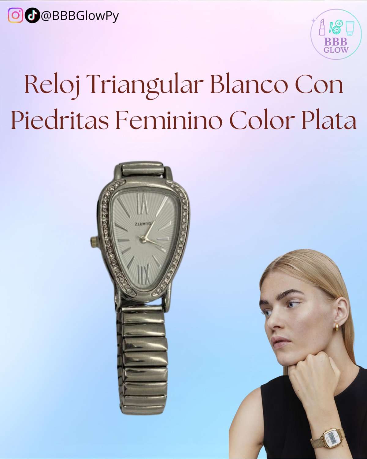 Reloj Triangular Blanco Con Piedritas Feminino Color Plata