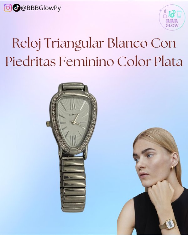 Reloj Triangular Blanco Con Piedritas Feminino Color Plata