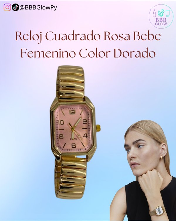 Reloj Cuadrado Rosa Bebe Femenino Color Dorado