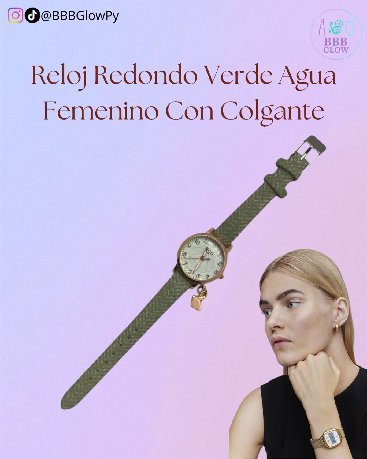 Reloj Redondo Verde Agua Femenino Con Colgante