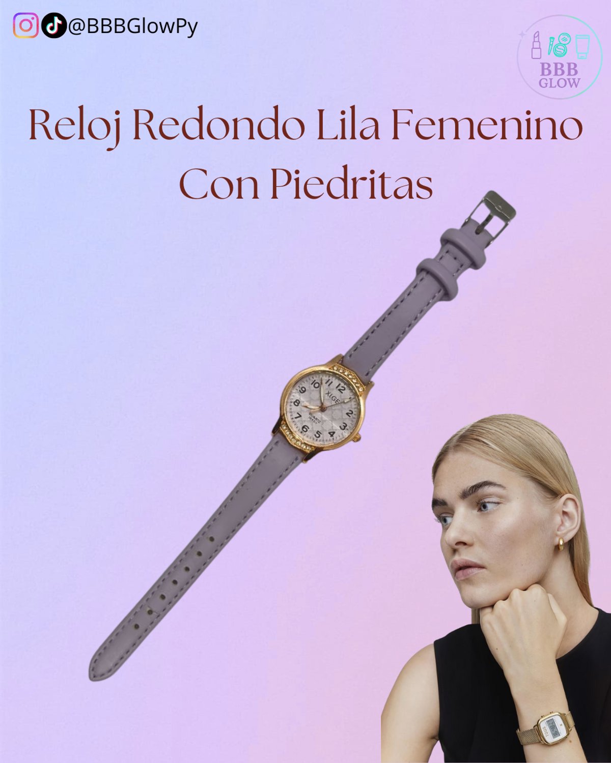 Reloj Redondo Lila Femenino Con Piedritas