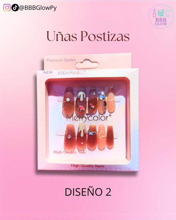 Uña Postiza Con Piedras Adhesivo Pegante Incluido