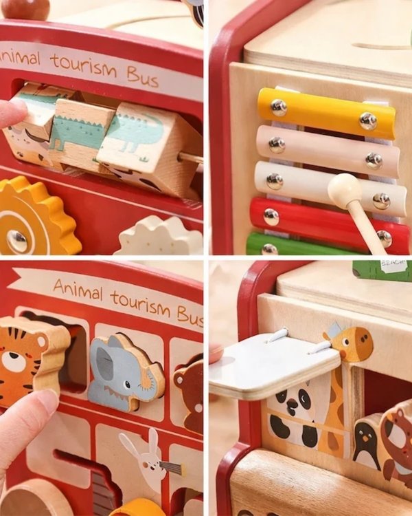 Bus de actividades de madera 8 en 1 — cubo didáctico con ruedas