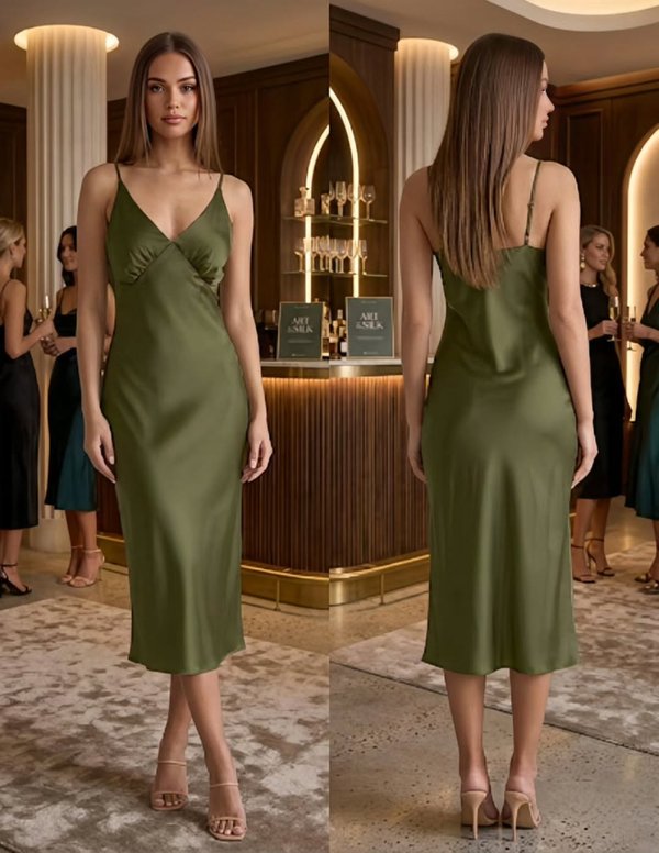 Vestido Largo Verde Militar Satinada