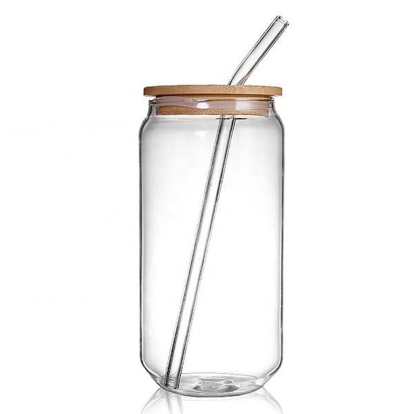 Vaso Vidrio Con Tapa de Bambú + Sorbito