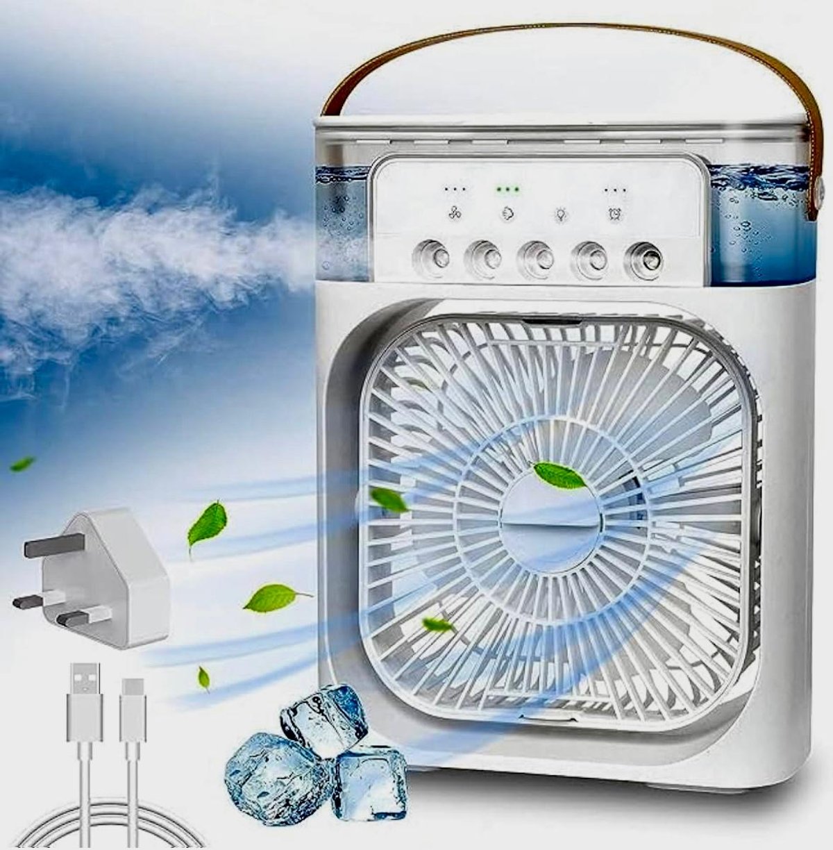 Miniventlador portátil con humidificador 3 en 1 .  Refresca tu espacio de forma económica y ecológica! 🌬️💧🌈¿Buscas alivio del calor sin gastar una fortuna? Este ventilador con humidificador 3 en 1 es todo lo que necesitas. Con 7 luces LED de colores, crea una atmósfera relajante y decorativa, ideal para tu hogar u oficina.  ✨ Bajo consumo y amigable con el medio ambiente – Olvídate de los altos costos de electricidad y los químicos tóxicos de los aires acondicionados grandes.  🌿 Aromaterapia integrada – ¡Llena tus espacios de frescura y un aroma delicioso!  🌍 Portátil y compacto – Con alimentación USB, llévalo donde quieras: oficina, dormitorio, coche... ¡el fresco te sigue - 4