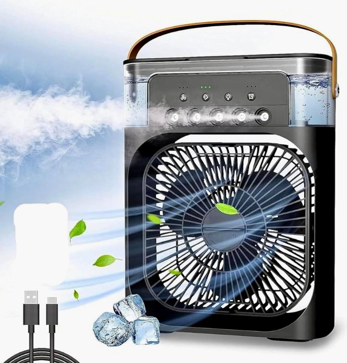 Miniventlador portátil con humidificador 3 en 1 .  Refresca tu espacio de forma económica y ecológica! 🌬️💧🌈¿Buscas alivio del calor sin gastar una fortuna? Este ventilador con humidificador 3 en 1 es todo lo que necesitas. Con 7 luces LED de colores, crea una atmósfera relajante y decorativa, ideal para tu hogar u oficina.  ✨ Bajo consumo y amigable con el medio ambiente – Olvídate de los altos costos de electricidad y los químicos tóxicos de los aires acondicionados grandes.  🌿 Aromaterapia integrada – ¡Llena tus espacios de frescura y un aroma delicioso!  🌍 Portátil y compacto – Con alimentación USB, llévalo donde quieras: oficina, dormitorio, coche... ¡el fresco te sigue - 3