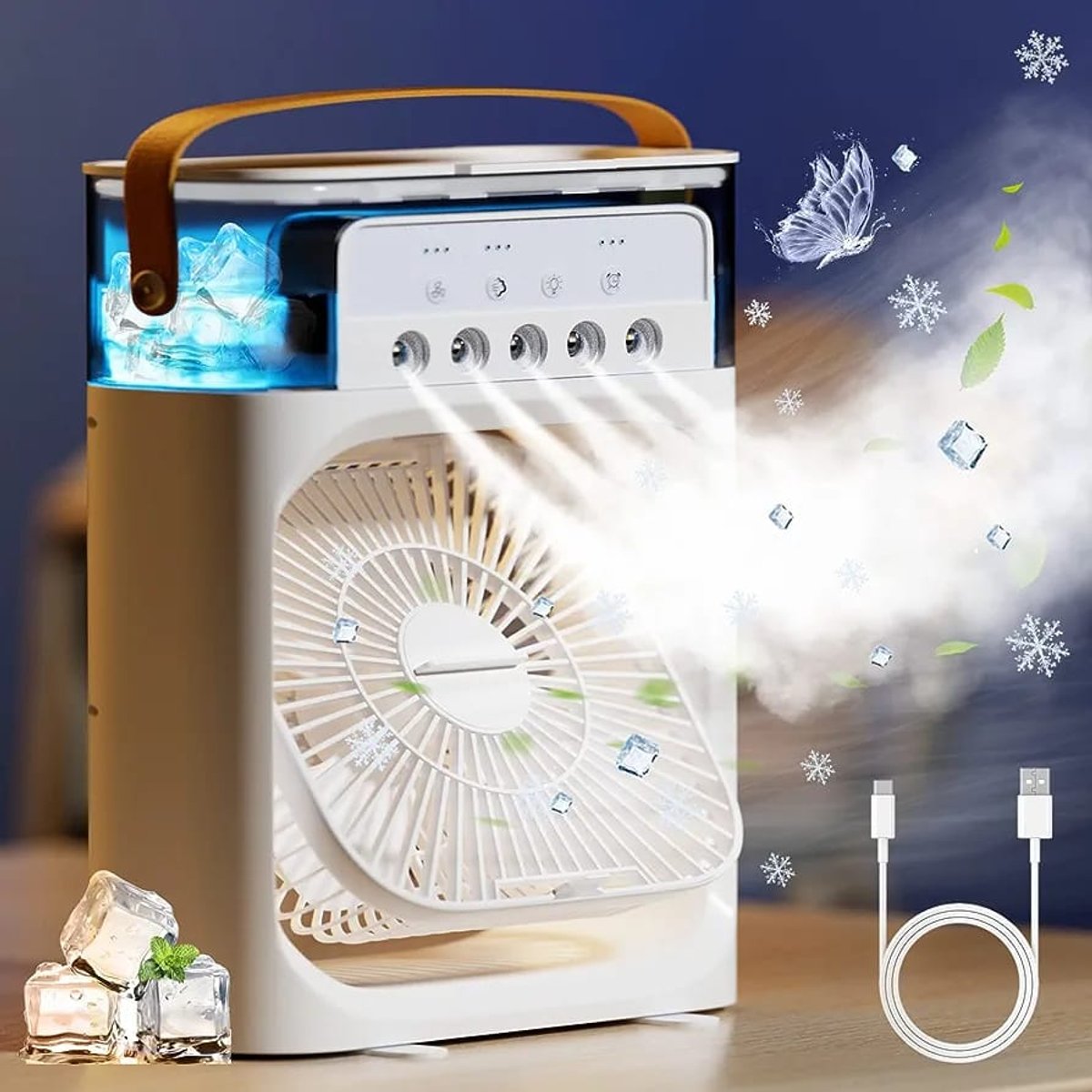 Miniventlador portátil con humidificador 3 en 1 .  Refresca tu espacio de forma económica y ecológica! 🌬️💧🌈¿Buscas alivio del calor sin gastar una fortuna? Este ventilador con humidificador 3 en 1 es todo lo que necesitas. Con 7 luces LED de colores, crea una atmósfera relajante y decorativa, ideal para tu hogar u oficina.  ✨ Bajo consumo y amigable con el medio ambiente – Olvídate de los altos costos de electricidad y los químicos tóxicos de los aires acondicionados grandes.  🌿 Aromaterapia integrada – ¡Llena tus espacios de frescura y un aroma delicioso!  🌍 Portátil y compacto – Con alimentación USB, llévalo donde quieras: oficina, dormitorio, coche... ¡el fresco te sigue