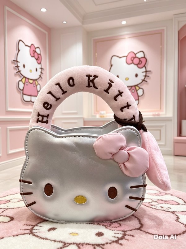 Bolso de Mano Hello Kitty con Asa Acolchada – Blanco y Rosa